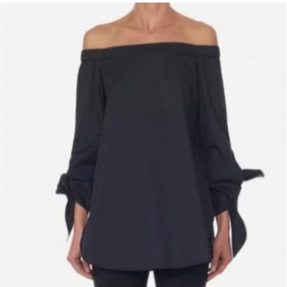 tibi Off the Shoulder Simple Top Navy‎ Cotton 3/4 Tie Sleeves Curve Hem SZ 2/XS